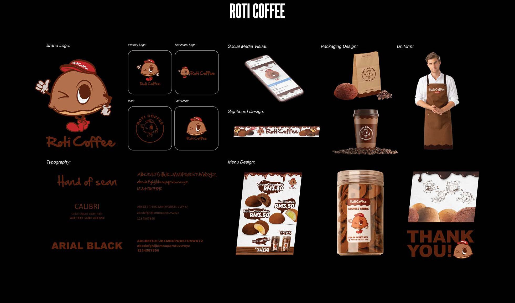 Brand identity — mascot logo, logo system, typography, signage, packaging, uniform and menus
