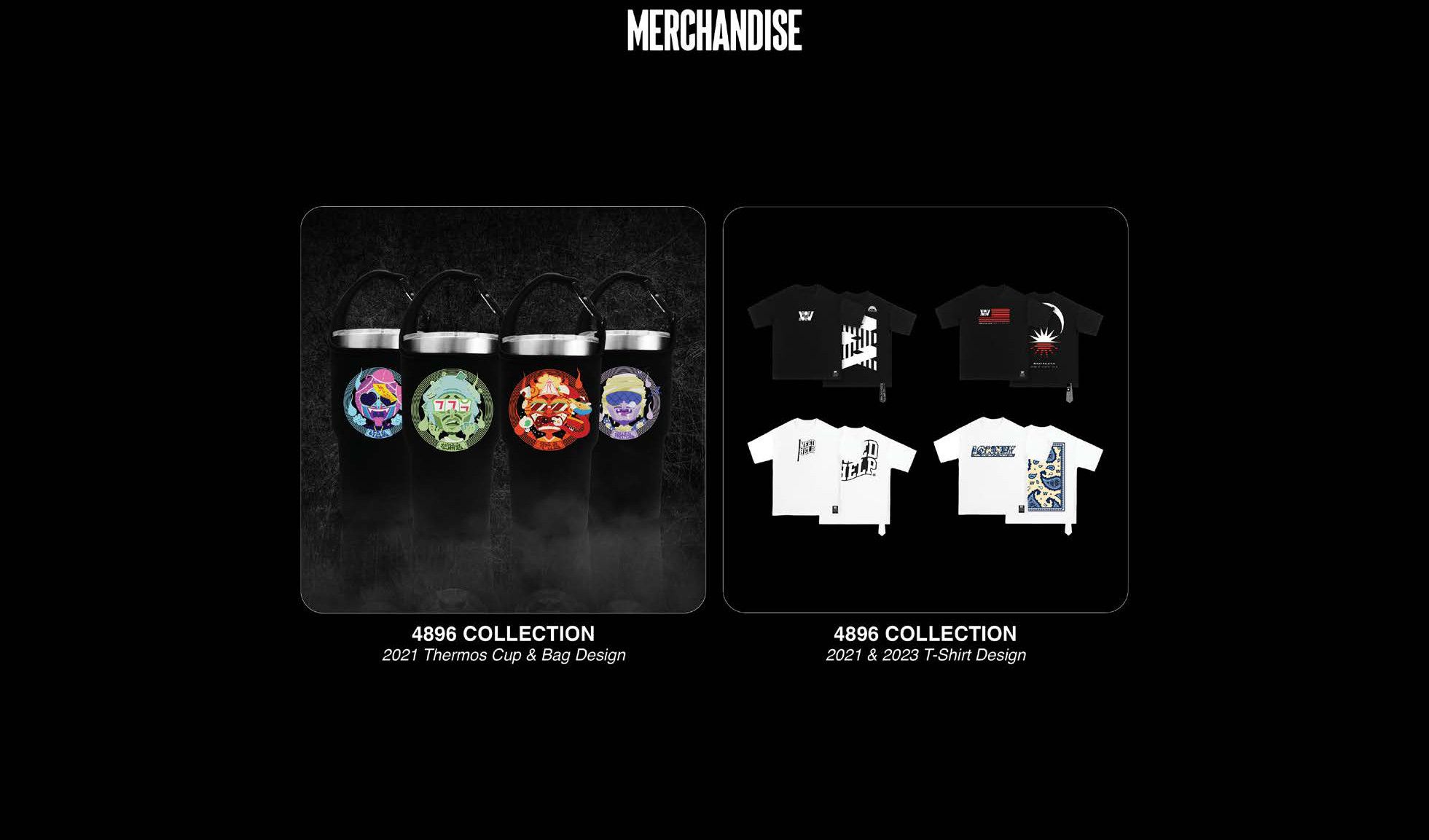 4896 Collection — 2021 thermos cups & bags, 2021 & 2023 T-shirts