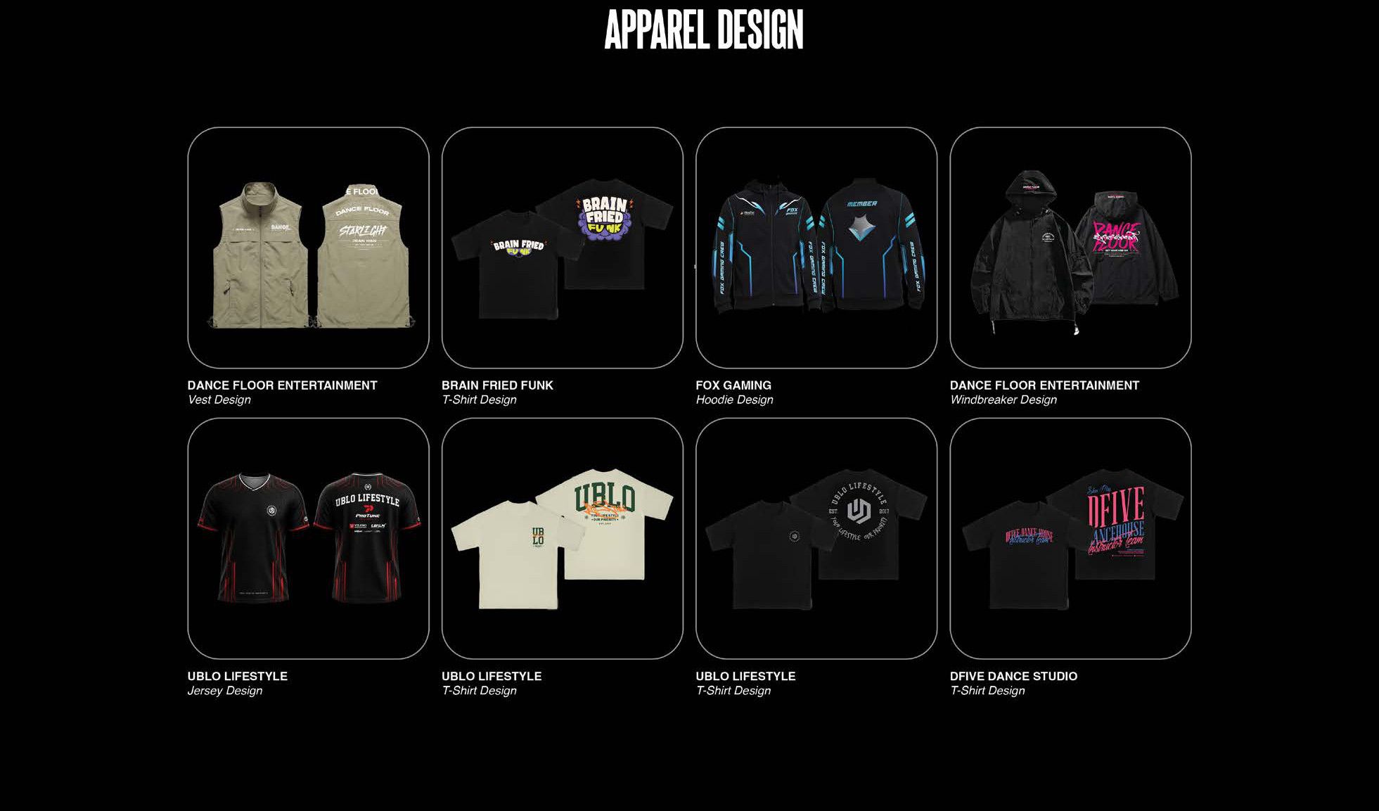 Apparel design — vests, tees, hoodies, windbreakers and jerseys