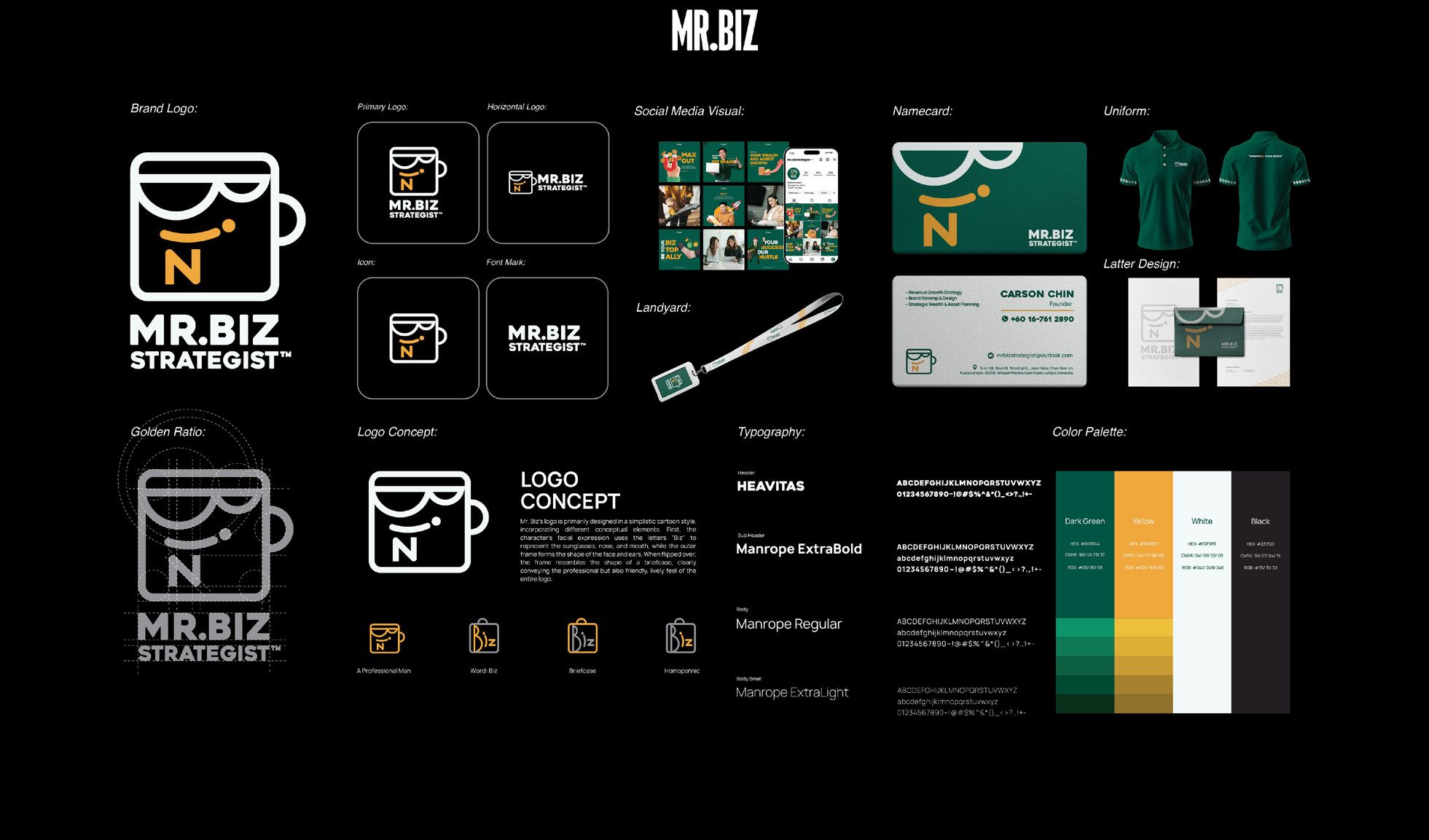 Brand identity — logo concept, golden ratio, typography, palette and applications