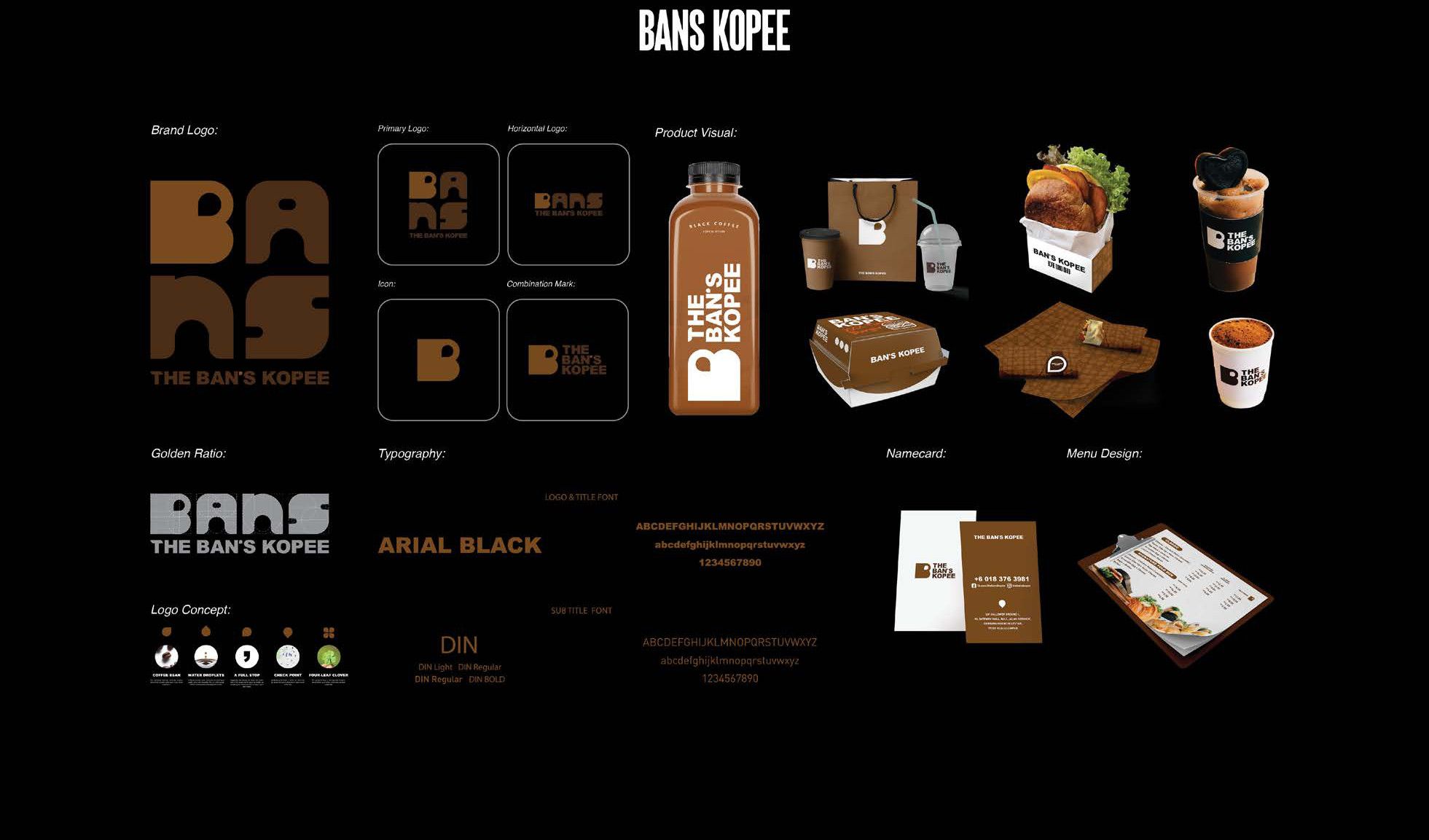 Brand identity — logo system, golden ratio, typography, product visuals, namecard, menu