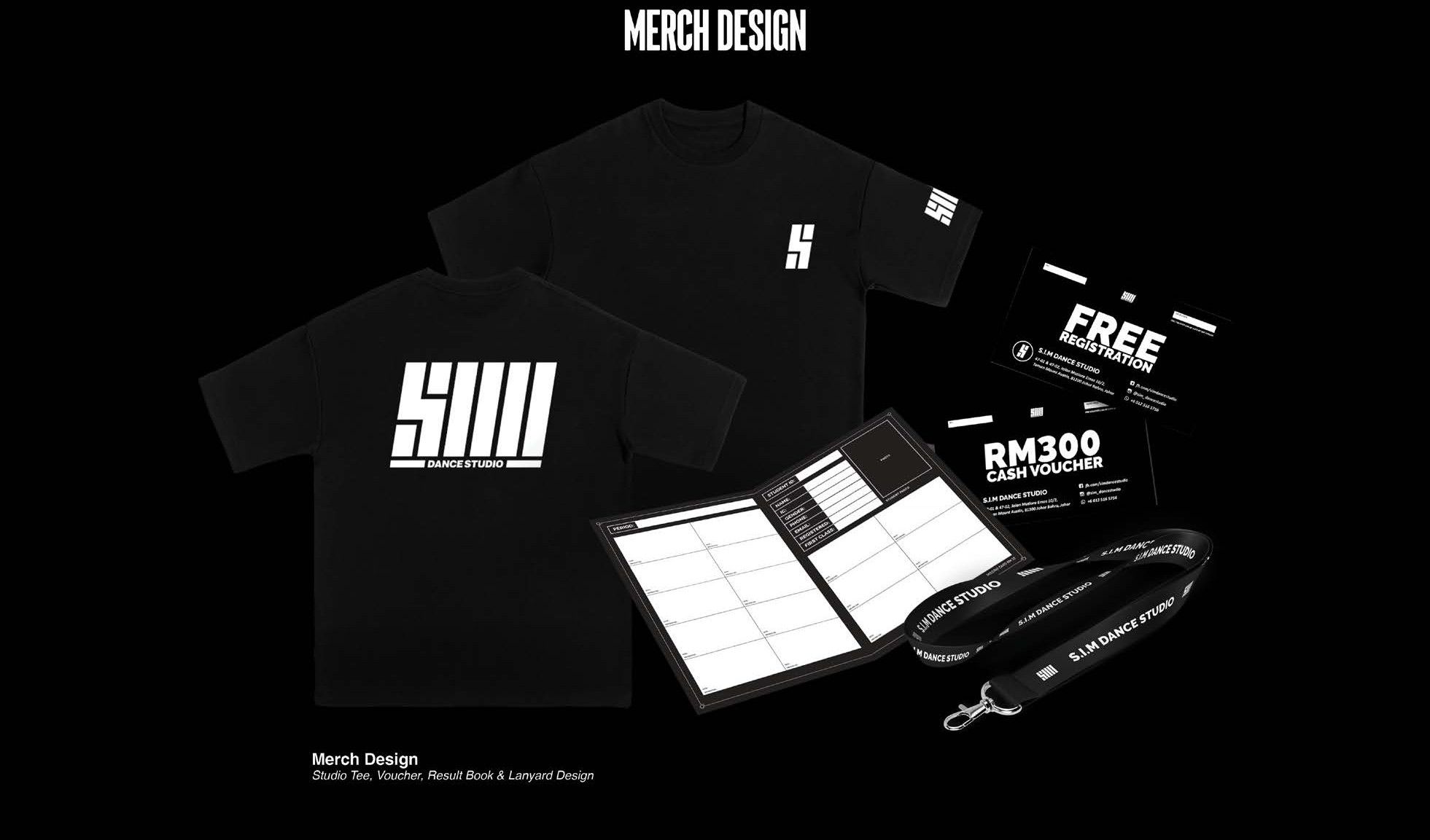 Merch design — studio tee, voucher, result book, lanyard