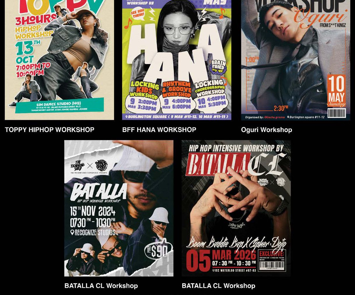 Dance Workshop Posters — Toppy · BFF Hana · Oguri · Batalla CL