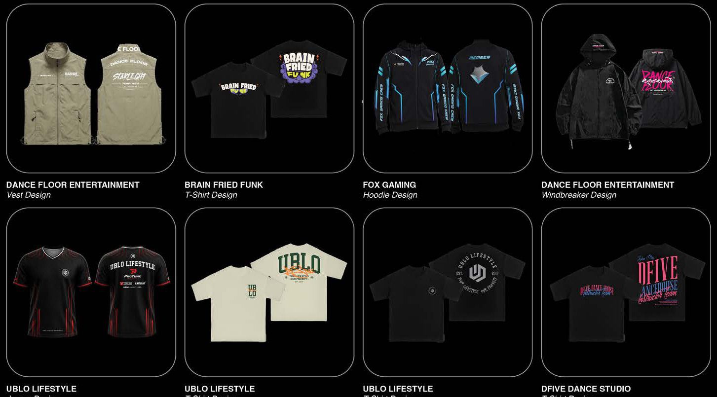 Apparel Design — Dance Floor Entertainment · Brain Fried Funk · Fox Gaming · UBLO Lifestyle · DFive Dance Studio