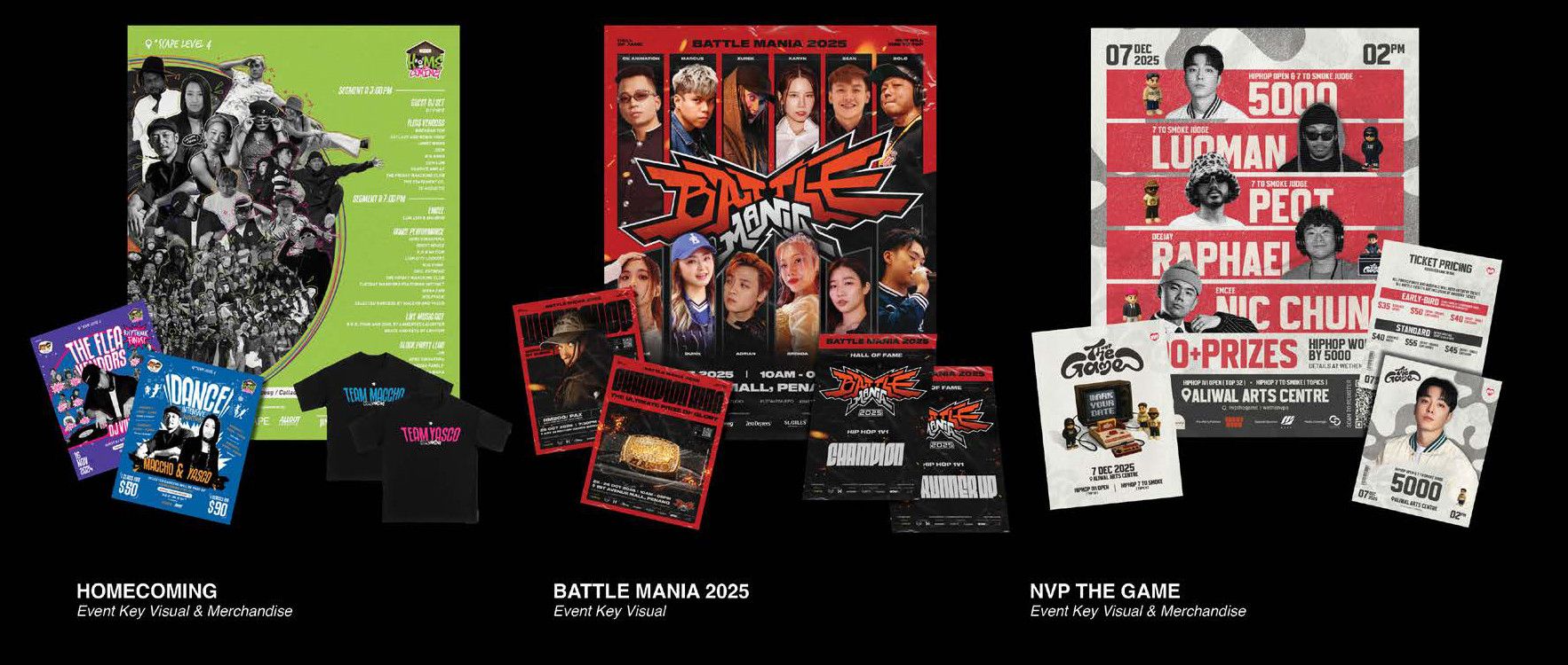 Dance Event Design — Homecoming · Battle Mania · NVP · Next Chapter · We The Best · YESIM! · Whassup Doc · College High · Step Ya Game Up · Pop City · WDC SG · SUO SG